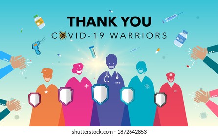 Thank You Doctors. Corona Warriors. Life Saviours. Scientist, Nurse And Medical Team, Helpers, Life Saviors, Warriors, Nurse, Medical Team And Covid 19 Warriors Vector Illustration