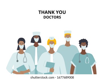 "Thank you Doctors" healthcare worker and Medical doctor nurse characters. Hospital profession concept vector illustration. Simple flat cartoon style clip art for epidemic covid-19 pandemic quarantine instruction