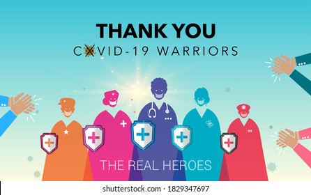 Thank You Doctors. Life Saviours. Scientist, Nurse And Medical Team. Helpers, Life Saviors, Warriors And Polish. People Clapping And Appreciating, Corona Covid 19 Warriors