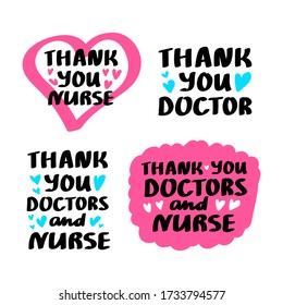 Thank you doctors nurse lettering set. Healthcare worker and medical hospital profession concept, vector illustration. Simple art for epidemic covid-19 pandemic quarantine.