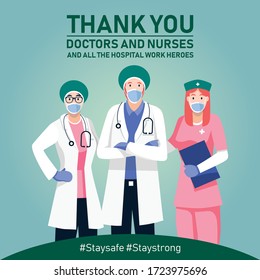 Thank You Doctors And Nurses And All The Hospital Work Heroes Vector Background. Stay Safe Stay Strong. Happy Nurses Day Vector Background.