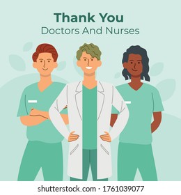 Thank you doctors and nurses, you all are real heroes, flat style vector illustration