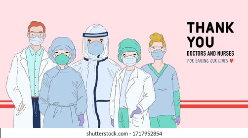 Thank you doctors and nurses banner. Medical profesional team character vector illustration. Fighting coronavirus, Covid-19. 