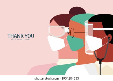 Thank you doctors and nurses banner in flat design illustration. Side faces of multi ethnic medical workers with protective face mask, surgical suit and face shield.