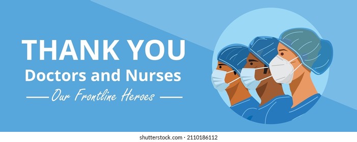 Thank you doctors and nurses banner, Illustration of nurses with face masks and protective caps. Vector
