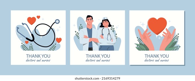 Thank you doctors and nurses. Banner collection with young professionals and medical equipment. Health care, diagnosis and treatment of patients, clinic staff. Cartoon flat vector illustration