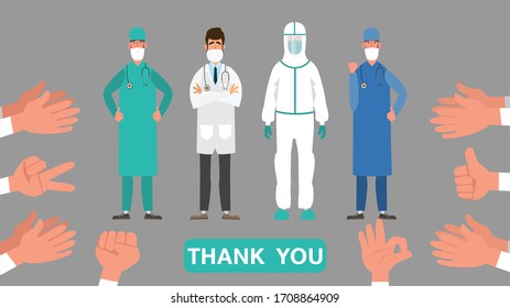 Thank you doctors and nurses Cheering medical personnel Coronavirus protection Important information and guidance to stay healthy.Vector and illustration characters.