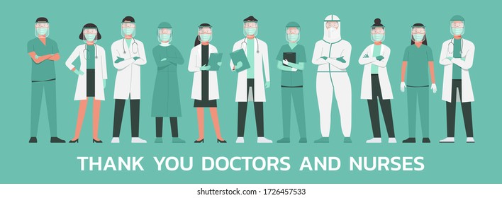 thank you, doctors and nurses concept. medical staff wearing protective suit, goggle, face shield, surgical face mask and n95 respirator standing together to fight COVID-19, flat vector illustration