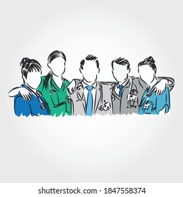 Thank You Doctors Nurses Concept. Group of Five Doctors and Medical Flat People Characters. Team of Doctors and Medical Staff Concept
