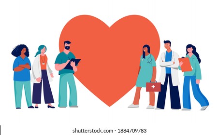 Thank you doctors and nurses concept design - group of medical professionals on a red heart background