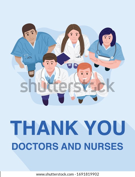 Thank you doctors and nurses concept. Top view of medical teams standing looking up at camera. Vector.
