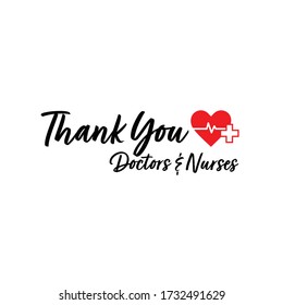 Vielen Dank an Ärzte und Krankenschwestern in kursiver mit Herz und medizinische Ikone auf isoliertem weißem Hintergrund
