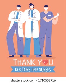 thank you doctors and nurses, female and male physician and nurse staff vector illustration