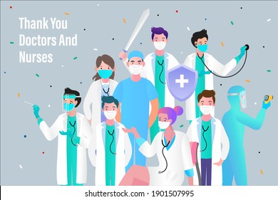 Thank You Doctors And Nurses For The Fight Against Coronavirus. Protecting People Behind The Back Of Medical Staff. Vector Illustration In Cartoon Style.