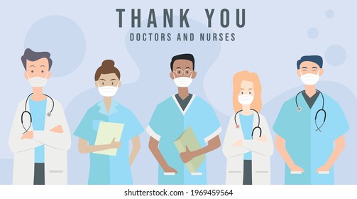 Thank you doctors and nurses. Frontline heroes, Illustration of doctors and nurses characters wearing masks.