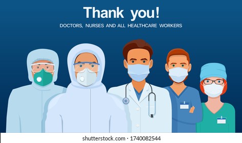  Gracias médicos y enfermeras. Grupo de médicos y enfermeras que trabajan en hospitales con trajes de protección, gafas y máscaras médicas. Ilustración vectorial sobre fondo azul