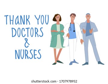 Thank you doctors and nurses hand-lettered phrase. Three doctors vector illustration in flat style. Gratitude for fighting coronavirus and other deseases concept