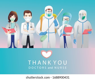 Thank you doctors and nurses. Healthcare in hospital wearing medical mask fighting again Corona virus Covid-19 and bacteria. Health care concept. Vector illustration isolated on white