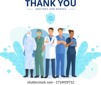 "Thank you Doctors and Nurses" healthcare worker and Medical doctor nurse characters. Hospital profession concept vector illustration background