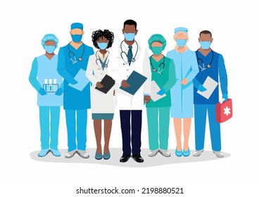 Thank you doctors and nurses for helping and saving lives. A team of doctors of different medical specialties in medical uniforms. Vector illustration.