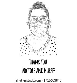 Thank you doctors and nurses illustration drawing. Hard working essential services in the hospitals and clinics fighting the COVID-19 coronavirus helping to survive humanity.  