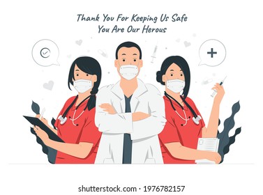 Thank you doctors and nurses for keeping us safe concept illustration