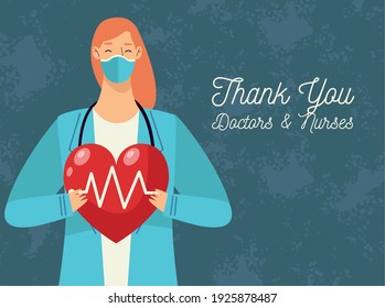 thank you doctors and nurses lettering with doctor female lifting heart cardio vector illustration design