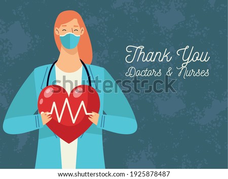 thank you doctors and nurses lettering with doctor female lifting heart cardio vector illustration design