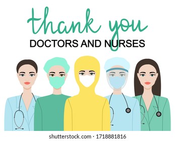 Thank you doctors and nurses. Medical team in protective suit and medical mask. Vector EPS 10