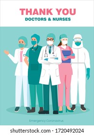 Thank you doctors and nurses. Medical workers working in the hospital and fighting for the coronavirus, Medical team  vector illustration. Doctors with face mask and medical uniform. Medical staff