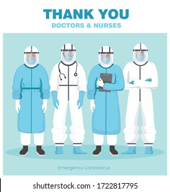 Thank you doctors and nurses. Medical workers working in the hospital and fighting for the coronavirus, Medical team in hazard Suit vector illustration. Doctors in protective suit, glasses and mask