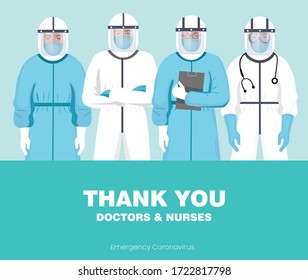 Thank you doctors and nurses. Medical workers working in the hospital and fighting for the coronavirus, Medical team in hazard Suit vector illustration. Doctors in protective suit, glasses and mask