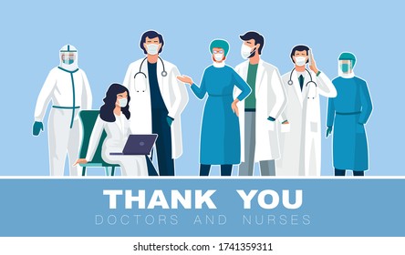 Thank you to the doctors and nurses and the medical staff for fighting the coronavirus. COVID-19 viral disease. Quarantine, coronavirus epidemic 2019-nCoV. Danger to human health. Vector illustration