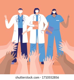 thank you doctors and nurses, physicians and nurse, raised hands greeting vector illustration