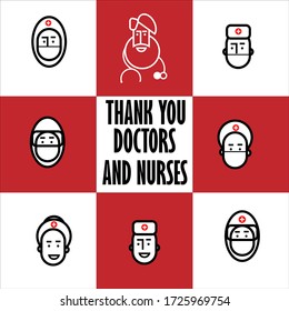Thank you to the doctors and nurses. Portraits of doctors who save people's lives every day. A set of portraits in squares. Poster. Outline icons. Vector flat illustration