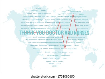 Thank you to doctors, nurses,  practitioners who fight coronavirus.
Messages from many languages ​​around the world mean thank you. Arranged as a heart shape on the world map background.