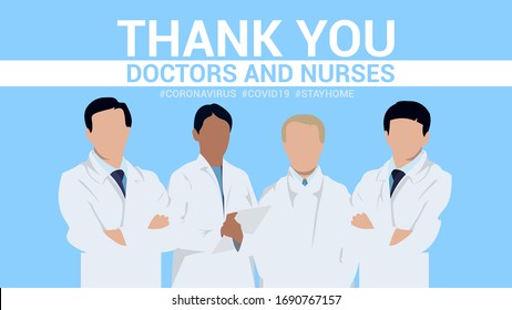 Thank You Doctors And Nurses, The Real Heroes Of The Coronavirus Crisis. COVID-19 Vector Illustration. Team Of Doctors In White Coats On Blue Background