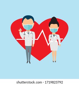 Thank You Doctors And Nurses, The Real Heroes Of The Coronavirus Crisis. COVID-19 Vector Illustration. Team Of Doctors In White Coats On blue Background