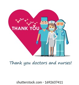 Thank you to the doctors and nurses. A team of doctors next to a big grateful heart. Cartoon character. Vector flat illustration for a postcard or poster.