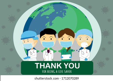 Thank you to doctors and nurses and a team of medical personnel that fight the coronavirus on this planet. Vector illustration