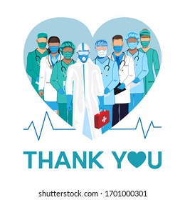 Thank you to the doctors and nurses for their help and saved lives. Vector illustration.