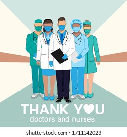 Thank you to the doctors and nurses for their help and saved lives. Vector illustration.