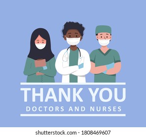 Thank you to the doctors and nurses for their help and saved lives. Set of portraits of male and female medical workers. Thank you heroes, vector illustration. Coronavirus epidemic concept.