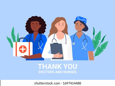 Thank you Doctors and Nurses vector illustration with healthcare workers. Simple flat style art.