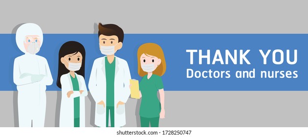 Vielen Dank an Ärzte und Krankenschwestern, Ärzte und Krankenschwestern Vektorzeichen flach.