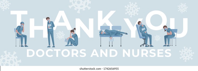 Thank you doctors and nurses vector poster template. Overworked medical workers in uniform and protective masks rest in hospital flat cartoon illustration. Stop Coronavirus covid-19 banner concept.