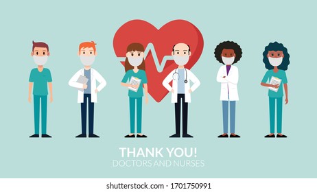 Thank you doctors and nurses wearing a mask with a heart behind working in the hospitals and fighting COVID-19. Vector illustration