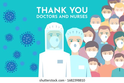 Thank you doctors and nurses working in the hospitals and fighting the coronavirus, vector illustration