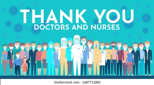 Thank you doctors and nurses working in the hospitals and fighting the coronavirus, vector illustration