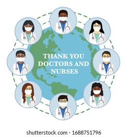 Thank you doctors and nurses working in the hospitals and fighting the coronavirus, vector illustration